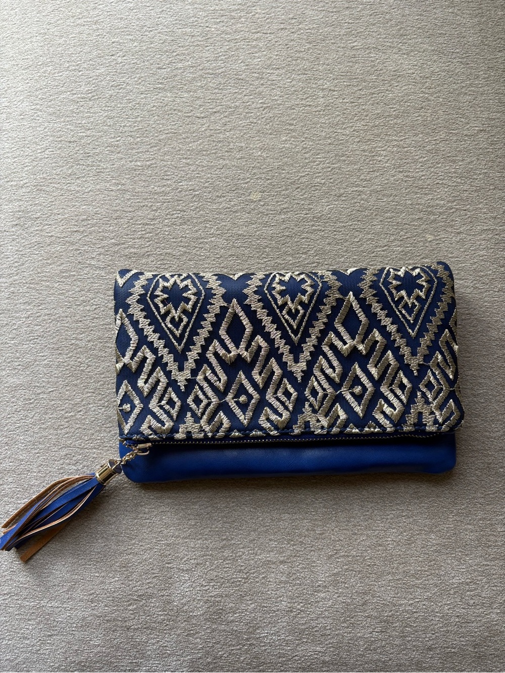 Navy Embroidered Fold-Over Clutch with Tassel